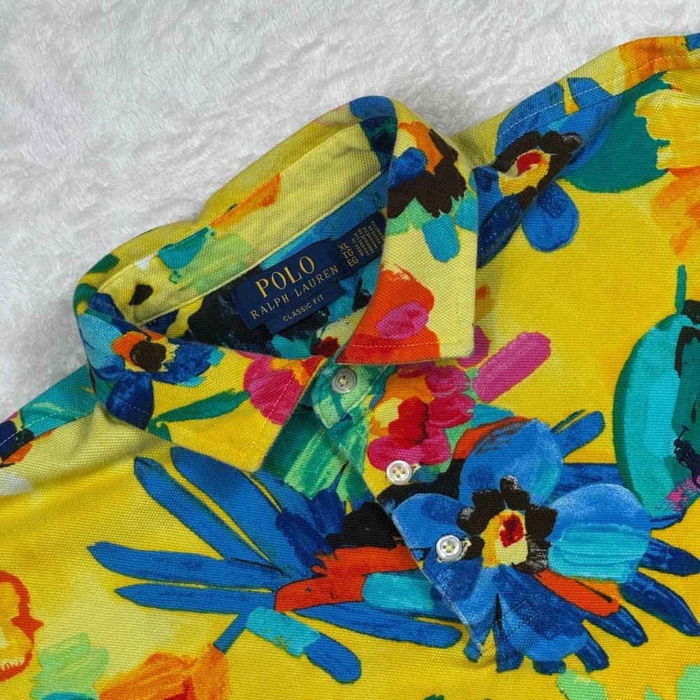 Polo Ralph Lauren XL Floral Polo Shirt Mens Yellow Tropical Trippy Psychedelic